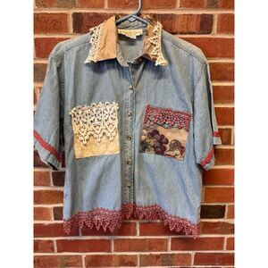 Vintage Girlfriends Denim Button Lace Cottagecore Blouse